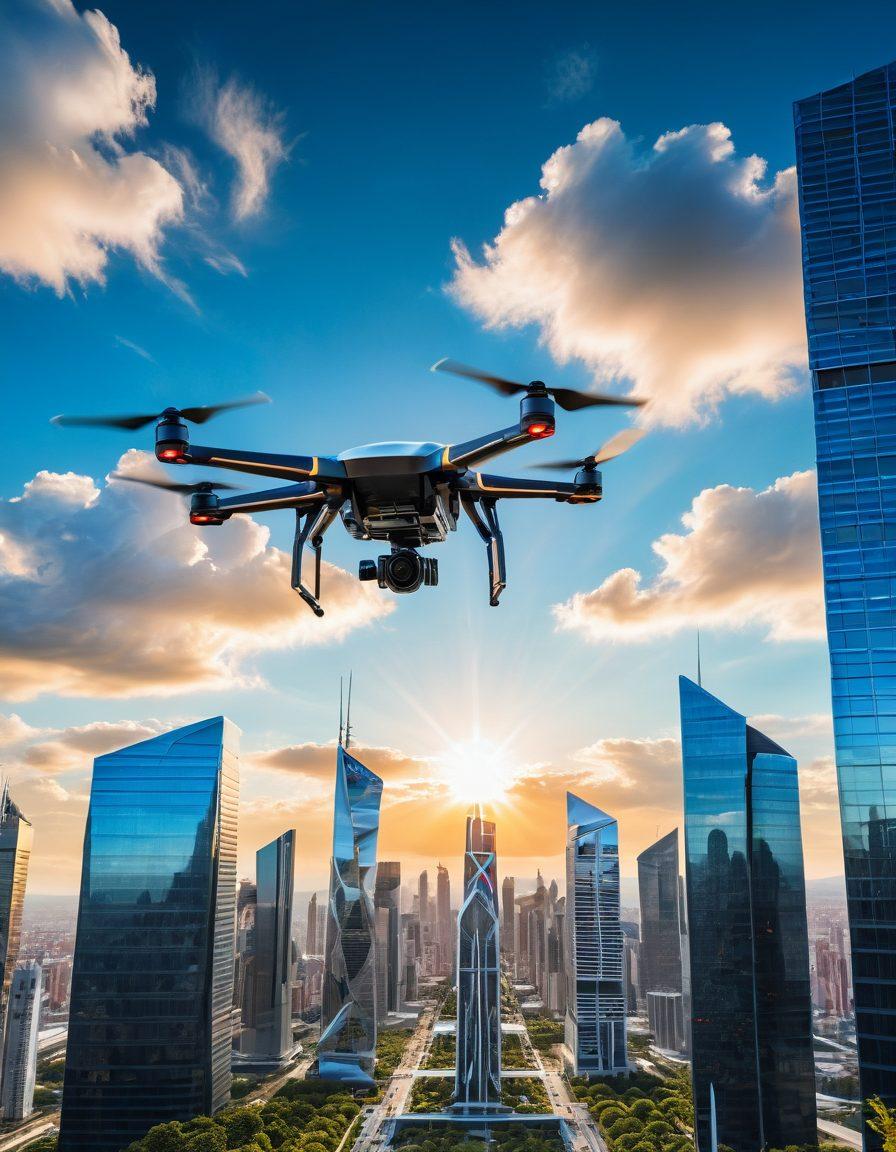 A futuristic scene showcasing a drone flying alongside a sleek jet in a clear blue sky, with hints of advanced technology like glowing panels and radar displays. Below, a cityscape illustrates innovation, featuring vertical gardens and advanced infrastructure. Include a bright sun shining and soft clouds for an optimistic vibe. super-realistic. vibrant colors. high contrast.