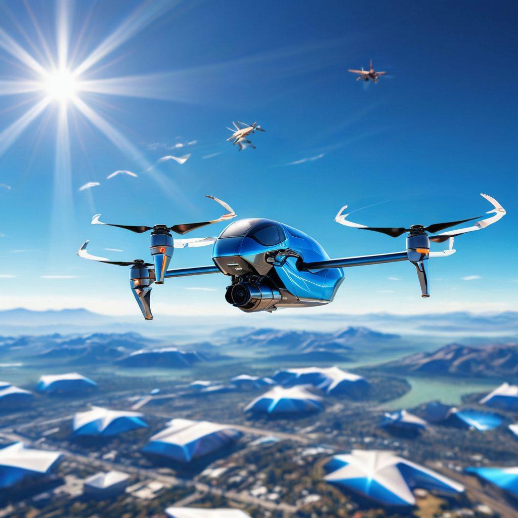 A sleek modern airplane soaring through a clear blue sky, surrounded by futuristic drones and advanced flight technology, with digital graphs and holograms highlighting aviation trends in the background. The sun casts vibrant reflections off the aircraft's surface, emphasizing the innovations in design. super-realistic. vibrant colors. clear sky.