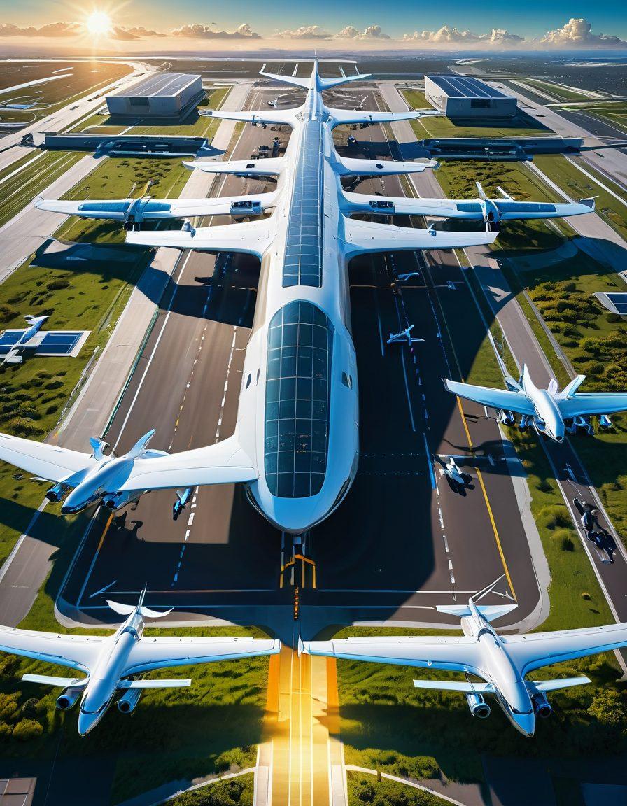 An imaginative aerial view of a futuristic airport bustling with advanced flying vehicles, drones, and eco-friendly airplanes soaring in a clear blue sky. Incorporate visual elements representing technology like digital screens and holograms showcasing innovations. Include lush green runways and solar panels reflecting a sustainable future in aviation. ambient atmosphere with a hint of sunset colors. super-realistic. vibrant colors.
